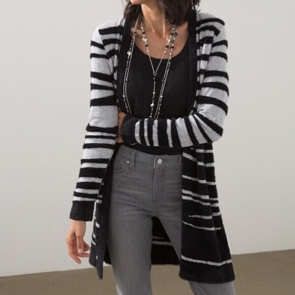 Chico’s black gray open front Colorblock striped cozy fringe tunic cardigan, M - Picture 1 of 10